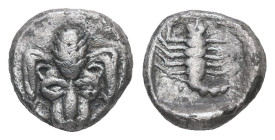 Caria, Mylasa. AR Hemiobol, 0.44 g 7.74 mm. Circa 450-400 BC.
Obv: Forepart of lion facing.
Rev: Scorpion within incuse square.
Ref: SNG Keckman 917; ...