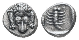Caria, Mylasa. AR Hemiobol, 0.53 g 7.91 mm. Circa 450-400 BC.
Obv: Forepart of lion facing.
Rev: Scorpion within incuse square.
Ref: SNG Keckman 917; ...