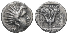 Caria, Rhodes. AR Drachm, 2.74 g 15.26 mm. Circa 188-170 BC. Agatharchos, magistrate.
Obv: Radiate head of Helios right.
Rev: AΓAΘAPXOΣ / P - O. Rose ...