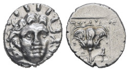 Caria, Rhodos. AR Hemidrachm, 1.30 g 12.03 mm. Circa 125-88 BC. Apollonios, magistrate. 
Obv:Radiate head of Helios facing slightly right
Rev: ΑΠΟΛΛΩΝ...