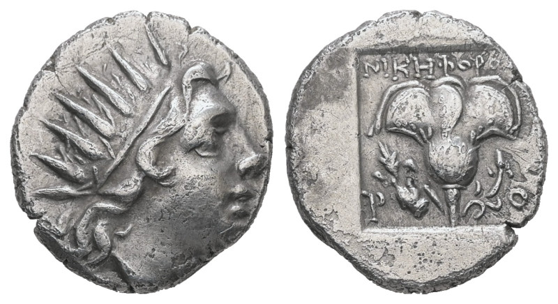 Caria, Rhodes. AR Drachm, 2.54 g 14.91 mm. Circa 88-84 BC. Nikephoros, magistrat...