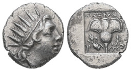 Caria, Rhodes. AR Drachm, 2.54 g 14.91 mm. Circa 88-84 BC. Nikephoros, magistrate.
Obv: Radiate head of Helios right.
Rev: NIKHΦOPOΣ / P - O. Rose wit...
