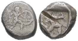 Pamphylia, Aspendos AR Stater, 10.93 g 20.08 mm. Circa 465-430 BC.
Obv: Warrior advancing to right, wearing crested helmet, holding shield and spear
R...
