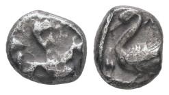 Cilicia, Mallos. AR Obol, 0.71 g 7.85 mm. Circa 425-385 BC. 
Obv: Winged male figure advancing to right, [holding solar disk in both hands].
Rev: [ΜΑ ...