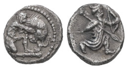 Cilicia, Mallos. Time of Artaxerxes II to Darios III. AR Obol, 0.69 g 9.77 mm. 404-330 BC. 
Obv: Herakles, nude, kneeling right on club, strangling th...