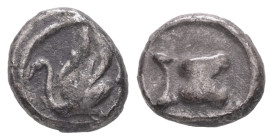Cilicia, Mallos. AR Obol, 0.84 g 9.27 mm. Circa 385-333 BC. 
Obv: Swan standing to left, flapping its wings. 
Rev: Astragalos. 
Ref: Klein 666. SNG Co...
