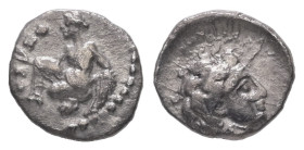 Cilicia. Tarsos. Tiribazos, Satrap of Lydia. AR Obol, 0.37 g 8.81 mm. Circa 388-380 BC. 
Obv: Male head right. 
Rev: Female kneeling left, tossing ast...
