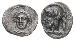 Cilicia, Tarsos. Pharnabazos. AR Obol, 0.74 g 10.20 mm. (Persian military commander, 380-374/3 BC. 
Obv: Head of female facing slightly left.
Rev: Hel...