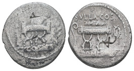 Q. Pompeius Rufus, 54 BC. AR, Denarius. 3.65 g. 18.41 mm. Rome.
Obv: [Q POMPEI Q F RVFVS]. Curule chair between arrow and laurel branch; below, COS on...