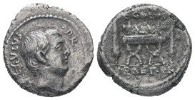 L. Livineius Regulus, 42 BC. AR, Denarius. 3.32 g. 18.08 mm. Rome.
Obv: [L R]EGVLVS P R. Bare head of Livineius Regulus, right. 
Rev: [REGVLVS•F] - PR...