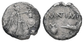 Marc Antony. Military mint travelling, 43-42 BC. AR, Quinarius. 1.65 g. 12.51 mm.
Obv: Victory, right, crowning trophy.
Rev: M [A]NT IMP. Lituus, jug ...