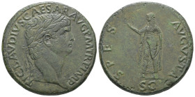 Claudius, AD 41-54. AE, Sestertius. 26.20 g. 35.96 mm. Rome.
Obv: TI CLAVDIVS CAESAR AVG P M TR P IMP. Head of Claudius, laureate, right.
Rev: SPES AV...