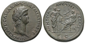 Nero, AD 54-68. AE, Sestertius. 28.14 g. 34.21 mm. Rome.
Obv: NERO CLAVD CAESAR AVG GER P M TR P IMP P P. Head of Nero, laureate, right; small globe a...
