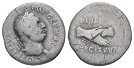 Vitellius, AD 69. AR, Denarius. 2.94 g. 17.89 mm. Lugdunum.
Obv: A VITELLIVS IMP GERMAN. Head of Vitellius, laureate, right; globe at point of neck.
R...