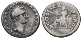 Vespasian, AD 69-79. AR, Denarius. 3.04 g. 18.18 mm. Rome, struck AD 70.
Obv: IMP CAESAR VESPASIANVS AVG. Head of Vespasian, laureate, right.
Rev: COS...