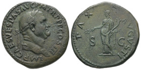 Vespasian, AD 69-79. AE, Sestertius. 25.36 g. 33.76 mm. Rome.
Obv: IMP CAES VESPAS AVG P M TR P P P COS III. Laureate head of Vespasian, right. 
Rev: ...