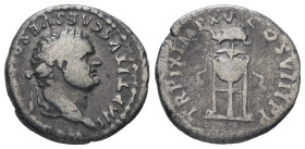 Titus, AD 79-81. AR, Denarius. 2.77 g. 18.06 mm. Rome.
Obv: IMP TITVS CAES VESP[ASIAN AVG P M]. Head of Titus, laureate, right.
Rev: TR P IX IMP XV CO...