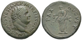 Titus, AD 79-81. AR, Sestertius. 24.94 g. 33.95 m. Flavian Latin mint in Thrace.
Obv: IMP T CAES VESP F AVG P M TR P P P COS VIII. Laureate head of Ti...