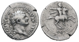 Domitian as Caesar, AD 69-81. AR, Denarius. 3.28 g. 18.98 mm. Rome.
Obv: CAESAR AVG F DOMITIANVS. Head of Domitian, laureate, right.
Rev: COS V. Horse...