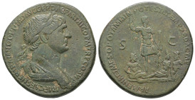 Trajan, AD 98-117. AE, Sestertius. 21.70 g. 33.32 mm. Rome.
Obv: IMP CAES NER TRAIANO OPTIMO AVG GER DAC P M TR P COS VI P P. Bust of Trajan, laureate...