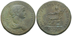 Trajan, AD 98-117. AE, Sestertius. 27.32 g. 34.38 mm. Rome.
Obv: IMP CAES NER TRAIANO OPTIMO AVG GER DAC P M TR P COS VI P P. Bust of Trajan, radiate ...
