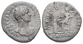 Hadrian, AD 117-138. AR, Denarius. 2.50 g. 19.42 mm. Rome.
Obv: IMP CAESAR TRAIAN HADRIANVS AVG. Bust of Hadrian, laureate, drapery on far shoulder, r...