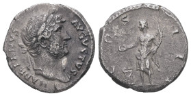 Hadrian, AD 117-138. AR, Denarius. 2.73 g. 17.93 mm. Rome.
Obv: HADRIANVS AVGVSTVS. Head of Hadrian, right.
Rev: COS III. Genius standing left, holdin...