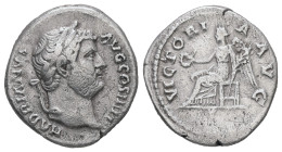 Hadrian, AD 117-138. AR, Denarius. 3.03 g. 18.47 mm. Rome.
Obv: HADRIANVS AVG COS III P P. Head of Hadrian, right.
Rev: VICTORIA AVG. Victory seated l...