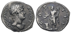 Hadrian, AD 117-138. AR, Denarius. 3.12 g. 19.74mm. Rome.
Obv: HADRIANVS AVGVST. Head of Hadrian, right.
Rev: COS III. Genius standing left, holding p...