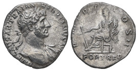 Hadrian, AD 117-138. AR, Denarius. 2.82 g. 17.44 mm. Rome.
Obv: IMP CAESAR TRAIAN HADRIANVS AVG. Bust of Hadrian, laureate, bare chest, traces of drap...