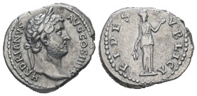 Hadrian, 117-138 AD. AR, Denarius. 2.98 g. 18.66 mm. Rome.
Obv: HADRIANVS AVG COS III P P. Head of Hadrian, bare, right.
Rev: FIDES PVBLICA. Fides sta...