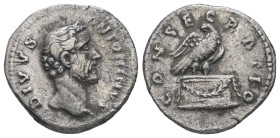 Divus Antoninus Pius, Died 161 AD. AR, Denar. 2.96 g. 18.76 mm. Rome.
Obv: DIVVS ANTONINVS. Head of Antoninus Pius, bare, right.
Rev: CONSECRATIO. Eag...