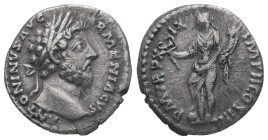 Marcus Aurelius, AD 161-180. AR, Denarius. 2.75 g. 17.04 mm.
Obv: ANTONINVS AVG ARMENIACVS. Head of Marcus Aurelius, laureate, right.
Rev: P M TR P XI...