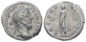 Marcus Aurelius, AD 161-180. AR, Denarius. 2.95 g. 18.97 mm. Rome.
Obv: M ANTONINVS AVG GERM SARM. Head of Marcus Aurelius, laureate, right.
Rev: TR P...