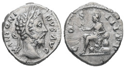 Marcus Aurelius, AD 161-180. AR, Denarius. 3.20 g. 18.23 mm. Rome.
Obv: M ANTONINVS AVG. Head of Marcus Aurelius, laureate, right.
Rev: COS III P P. R...