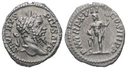 Septimius Severus, AD 193-211. AR, Denarius. 3.17 g. 19.43 mm.
Obv: SEVERVS PIVS AVG. Head of Septimius Severus, laureate, right.
Rev: P M TR P XVII C...
