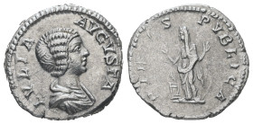 Julia Domna, AD 193-217. AR, Denarius. 3.21 g. 18.75 mm. Rome.
Obv: IVLIA AVGVSTA. Bust of Julia Domna, hair waved and coiled at back, draped, right.
...