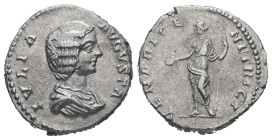 Julia Domna, AD 193-217. AR, Denarius. 3.23 g. 17.51 mm. Rome.
Obv: IVLIA AVGVSTA. Bust of Julia Domna, hair waved and coiled at back, draped, right.
...