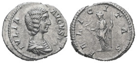 Julia Domna, AD 193-217. AR, Denarius. 3.40 g. 19.51 mm. Rome.
Obv: IVLIA AVGVSTA. Bust of Julia Domna, hair waved and coiled at back, draped, right.
...