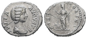 Julia Domna, AD 193-217. AR, Denarius. 3.11 g. 19.06 mm. Rome.
Obv: IVLIA AVGVSTA. Bust of Julia Domna, hair waved and coiled at back, draped, right.
...