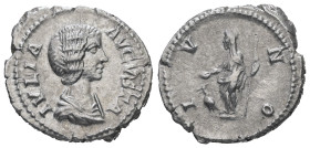 Julia Domna Augusta, 193-211 AD. AR, Denarius. 3.12 g. 20.40 mm. Rome.
Obv: IVLIA AVGVSTA. Bust of Julia Domna, hair waved and coiled at back, draped,...