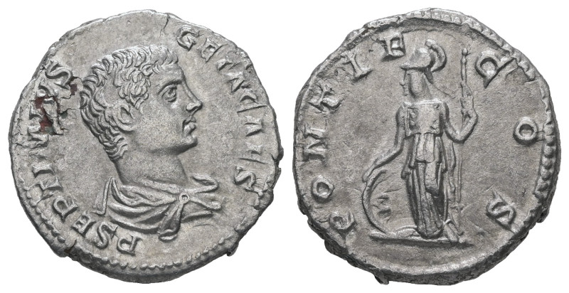 Geta as Caesar, AD 198-209. AR, Denarius. 3.44 g. 18.59 mm. Rome.
Obv: P SEPTIMI...
