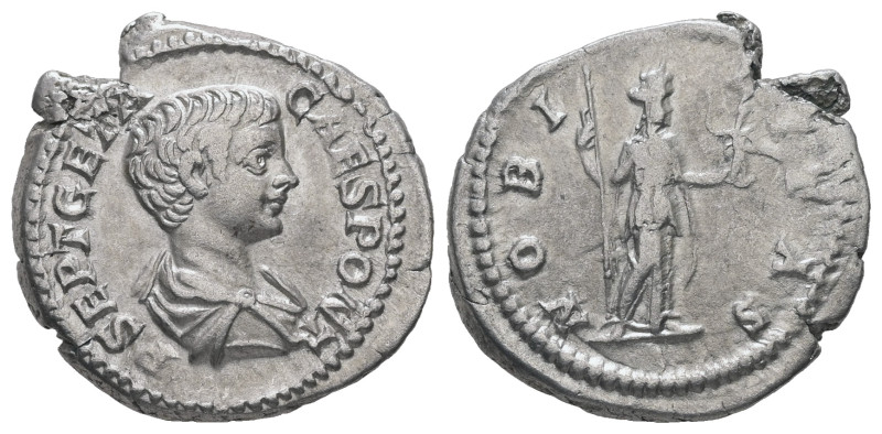 Geta as Caesaer, 198-209 AD. AR, Denarius. 3.53 g. 20.84 mm. Rome.
Obv: P SEPT G...