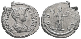 Geta as Caesaer, 198-209 AD. AR, Denarius. 3.53 g. 20.84 mm. Rome.
Obv: P SEPT GETA CAES PONT. Bust of Geta, bare-headed, draped, right.
Rev: NOBILITA...