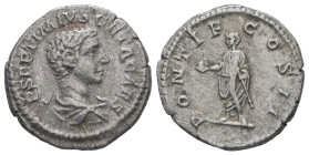 Geta, AD 209-211. AR, Denarius. 2.83 g. 19.07 mm. Rome.
Obv: P SEPTIMIVS GETA CAES. Bust of Geta, bare-headed, bearded, draped, right.
Rev: PONTIF COS...