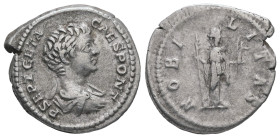 Geta as Caesar, AD 198-209. AR, Denarius. 3.20 g. 20.21 mm. Rome.
Obv: P SEPT GETA CAES PONT. Bust of Geta, bare-headed, draped, right.
Rev: NOBILITAS...