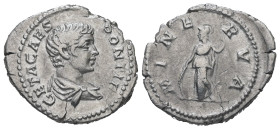 Geta as Caesar, AD 198-209. AR, Denarius. 2.93 g. 20.97 mm. Rome.
Obv: GETA CAES PONTIF. Bust of Geta, bare-headed, draped, right.
Rev: MINERVA. Miner...