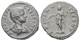 Geta as Caesar, AD 198-209. AR, Denarius. 3.11 g. 18.43 mm. Rome.
Obv: P SEPT GETA CAES PONT. Bust of Geta, bare-headed, draped, cuirassed, right.
Rev...
