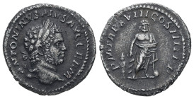 Caracalla, AD 198-217. AR, Denarius. 2.83 g. 18.65 mm. Rome.
Obv: ANTONINVS PIVS AVG GERM. Head of Caracalla, laureate, right.
Rev: P M TR P XVIII COS...