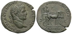 Caracalla, AD 198-217. AE, Sestertius. 19.45 g. 30.95 mm. Rome.
Obv: M AVREL ANTONINVS PIVS AVG BRIT: Head of Caracalla, laureate, right.
Rev: P M TR ...
